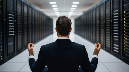 In a serene moment of mindfulness, a businessman sits cross-legged in meditation within a modern server room