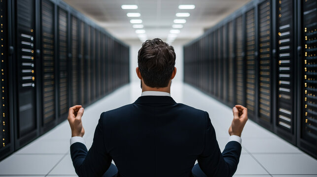 In a serene moment of mindfulness, a businessman sits cross-legged in meditation within a modern server room