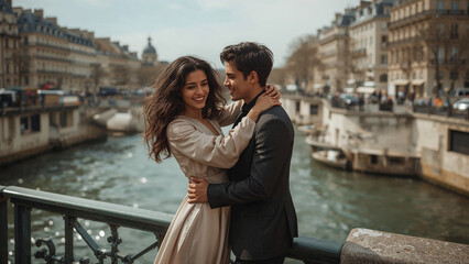 Fototapeta premium A happy young couple in Paris on the banks of the Seine.