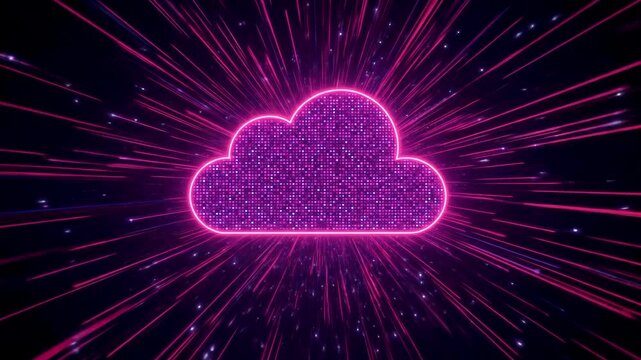 Vibrant digital cloud illustration with neon pink rays emanating, set against a cosmic background