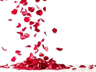 Red rose petals falling gracefully onto a pile on a white background