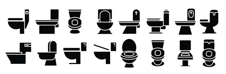 A clean, new white ceramic toilet bowl with a seat, isolated for a sanitary bathroom or restroom Simple flat black silhouette icon of a modern commode toilet bowl
