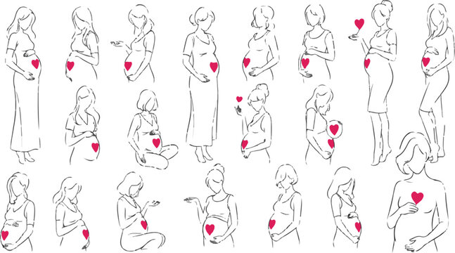 Hamla Khawateen ke Mukhtalif Poses ka Line Art/Sketch Collection - Maternity, Pregnancy, aur Baby Shower ke liye Vector Set.