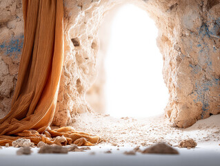 Natural light filters through an ancient stone opening draped with fabric in a serene environment