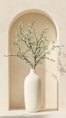 Elegant white vase with flowering branches displayed in a minimalist archway setting