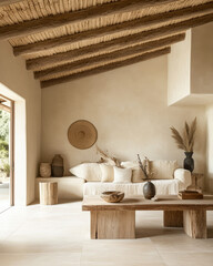 Elegant living space with natural decor featuring wooden furniture and neutral tones