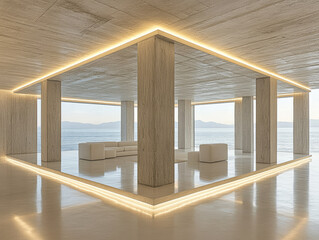 Modern architectural design showcasing open space with lake view, minimalist furniture, and soft lighting in a serene setting