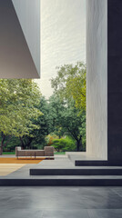 Modern outdoor seating area with stylish furniture and lush greenery in a serene setting during daytime