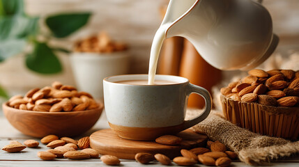 Fototapeta premium Almond milk pouring into coffee with fresh nuts, a natural and healthy alternative to dairy