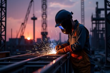 Welder at work construction site professional welding sparks at sunset