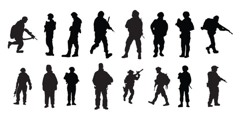 vector set of silhouettes of soldiers people holding