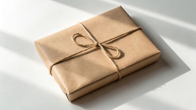 Brown paper gift box tied with twine and casting a shadow