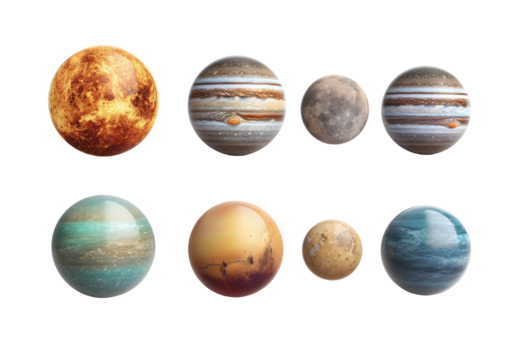 Solar system planets, stylized, detailed. Colorful globes, various textures