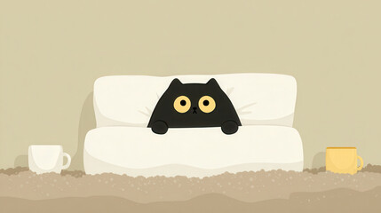 Black cat with golden eyes peeking from under white blanket in cozy bed with cups