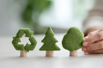 Green recycling symbol tree and eco friendly concept with hand