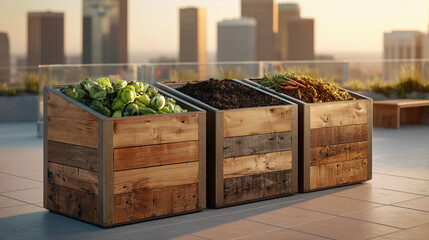 Urban Rooftop Garden with Wooden Raised Beds and Fresh Vegetables