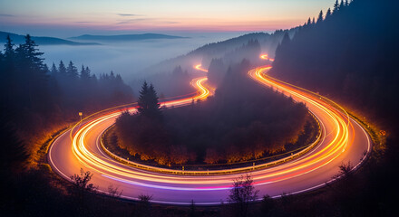 Winding Road in Mountain Pass with Car Light Trails at Dusk