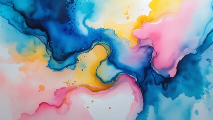 Abstract watercolor painting with fluid colorful ink swirls in vibrant blue yellow and pink