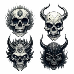 Dark Gothic Skull Illustrations – Halloween Evil Characters with Hood and Horns – Black and White Horror Art