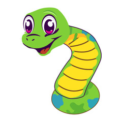 Cute cartoon green snake with big eyes smiling