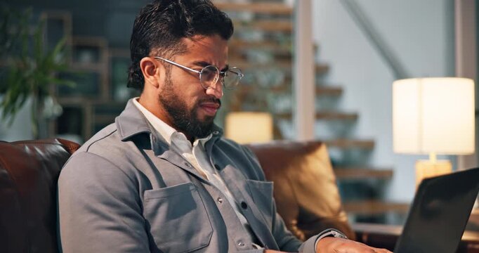 Home, confused and man with mistake, laptop and copywriting with email, shocked and choice. Person, freelancer and journalist with PC, doubt or decision with glasses, planning or surprise with ideas