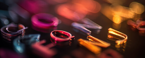 Colorful letters scattered on a reflective surface creating a vibrant, artistic composition at dusk