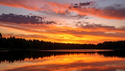 Fiery sunset over a calm lake