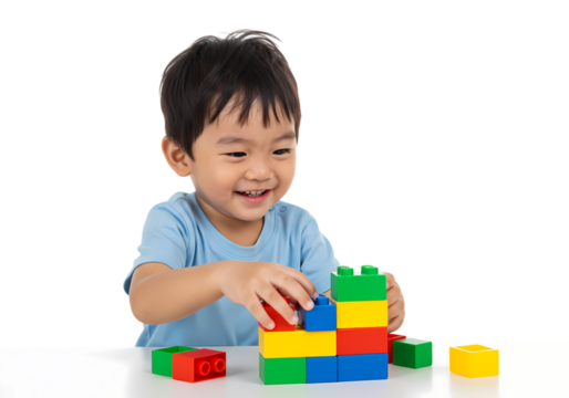 Young Boy Playing with Colorful Building Blocks on Transparent background - Powered by Adobe