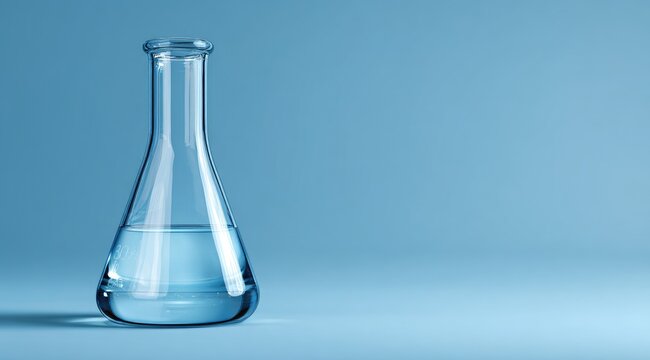 A clear Erlenmeyer flask, partially filled with a colorless liquid, sits on a light blue surface against a matching backdrop.  The lighting is soft and even, highlighting the glass's transparency