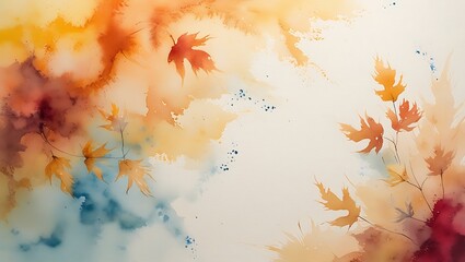 Watercolor painting of autumn leaves and abstract colorful washes for background design