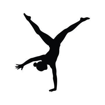 Silhouette of a flexible woman performing a cartwheel on white background