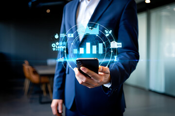 Businessman using mobile smartphone and icon network connection data with growth graph customer, digital marketing, banking and payment online, analysis and planning of business, Generative Ai