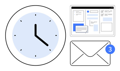 Clock, envelope with notification badge, and task-planning interface symbolizing time management, communication, and organization. Ideal for productivity, efficiency, scheduling, teamwork task