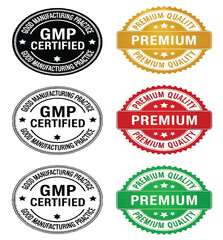Obraz premium GMP Certified and Premium Quality guarantee stamp and seal vector set