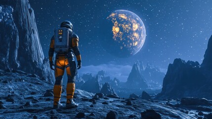 Astronaut on alien planet, gazing at a luminous moon.