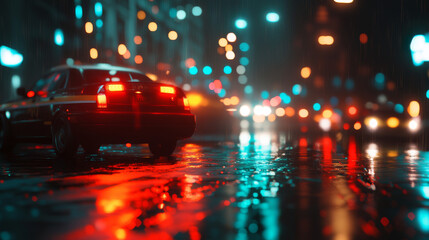 Car sits on wet street, reflecting city lights at night. Vibrant bokeh adds mood to a rainy urban scene.