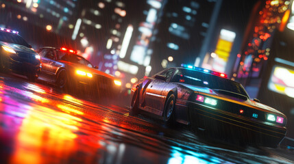 Retro police cars on a rainy night cityscape. Vivid reflections on wet asphalt create a dynamic, thrilling scene.