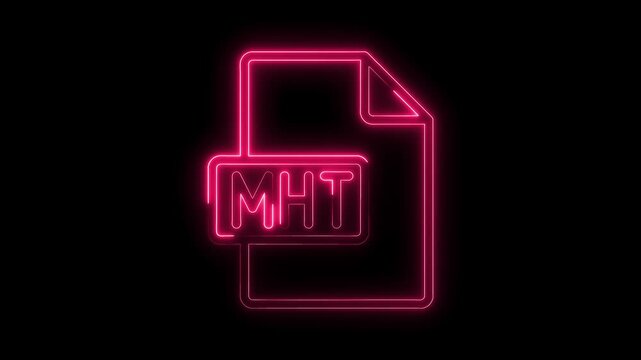 Glowing neon M H T file icon symbol bright pink light on transparent black background futuristic technology