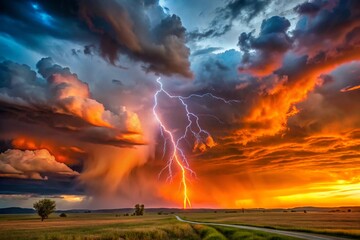 A stormy sky with a lightning bolt and a tree in the middle of the field