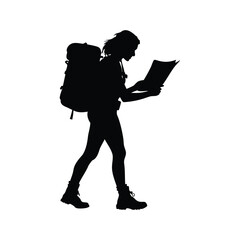 Silhouette of a female hiker reading a map while walking, outdoors © hamiduls11arts