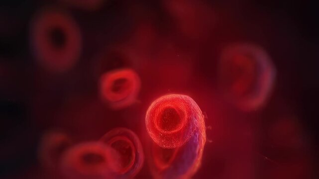 Timelapse style footage of red blood cells exhibiting progressive brightening of hemoglobin color as oxygen levels rise mapping the O2 affinity curve.