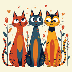 Stylized Cats in Flat Vector Design, Playful Color Palette 