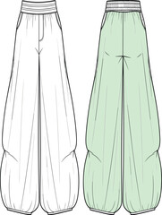 Fashion illustration, trendy wide-leg pants design, stylish baggy trousers, casual streetwear concept, apparel sketch, comfortable clothing template, garment outline