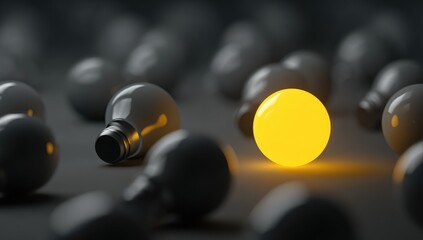 A single, glowing yellow lightbulb stands out amongst numerous dim, gray lightbulbs scattered on a dark surface.  It symbolizes uniqueness and standing apart