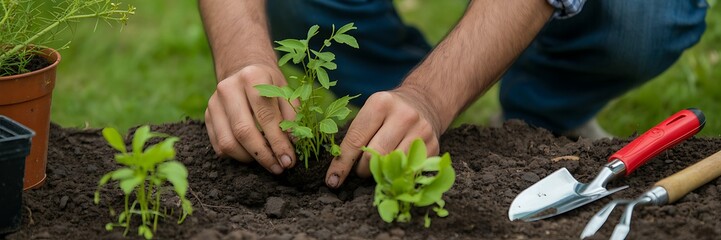 Hands planting young green seedlings in rich dark soil with gardening tools