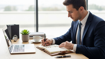 Fototapeta premium Young businessman writing in planner at clean modern office desk