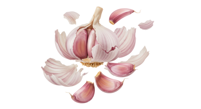 Isolated Garlic Bulb with Cloves on Transparent Background in Macro Shot