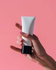 Hand holding a white tube of skincare product with clear gel