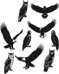Silhouetted birds of prey illustration, eagle and owl collection, nature vector sketch, wildlife design, educational material, majestic animal graphics