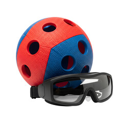 Fototapeta premium A cropped image of a rubber ball that jingles, featuring soundholes and goggles, designed for use by blind and disabled athletes in goalball.